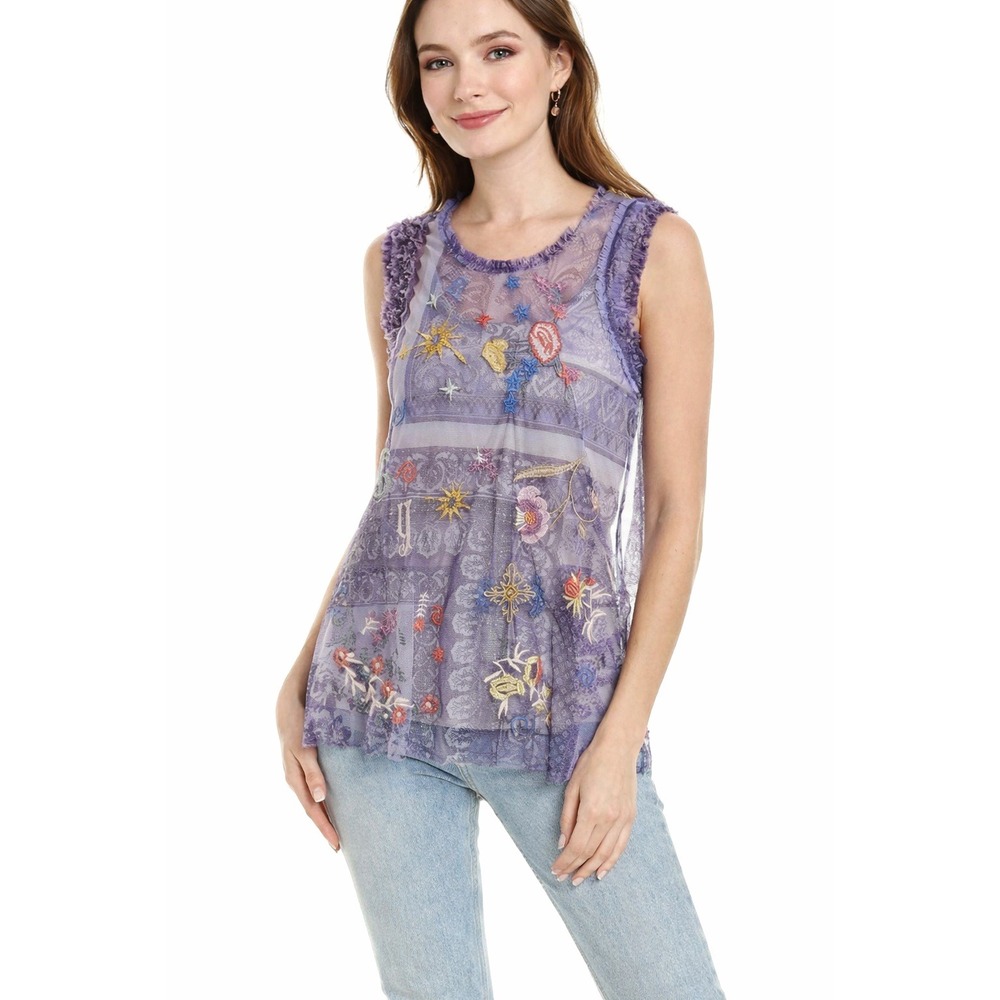 Johnny Was Niccola Mesh Embroidered Tank‎ Top Purple Boho Size M
